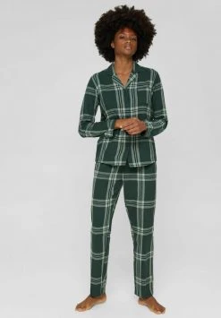 Esprit CHECK LONGSLEEVE LONG PANTS - Nachtwäsche Set - Dark Teal Green | Damen